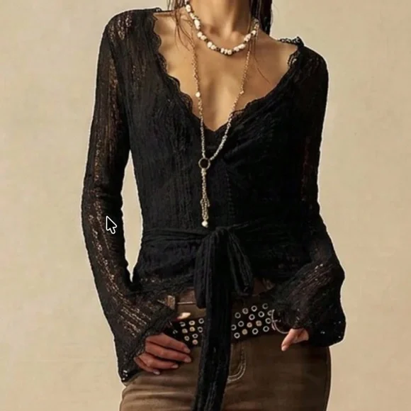 Boho Floral Lace V neck Semi Sheer Long Sleeve Flare Top - Picture 7 of 9
